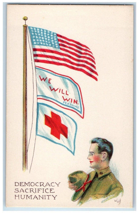 c1910's Military WWI Democracy Sacrifice Humanity Flags Wall Antique Postcard