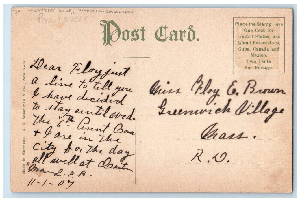 c1910's Midnight Ride Boat Paul Revere American Revolution Horse Posted Postcard