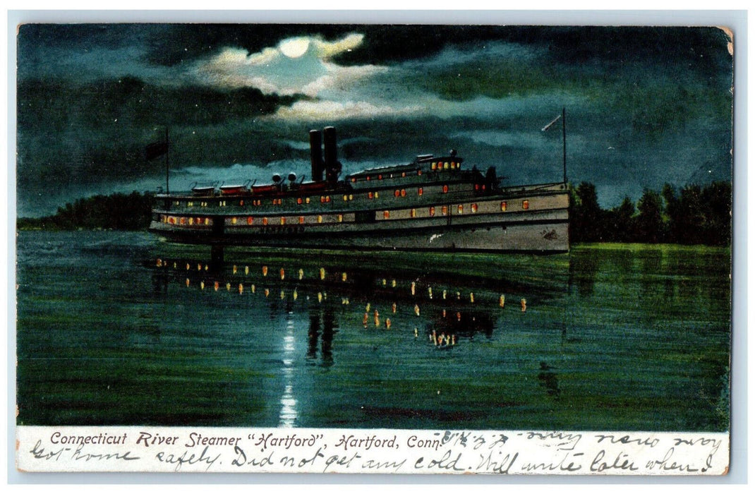 1907 Moonlight at Connecticut River Steamer "Hartford" Hartford CT Postcard