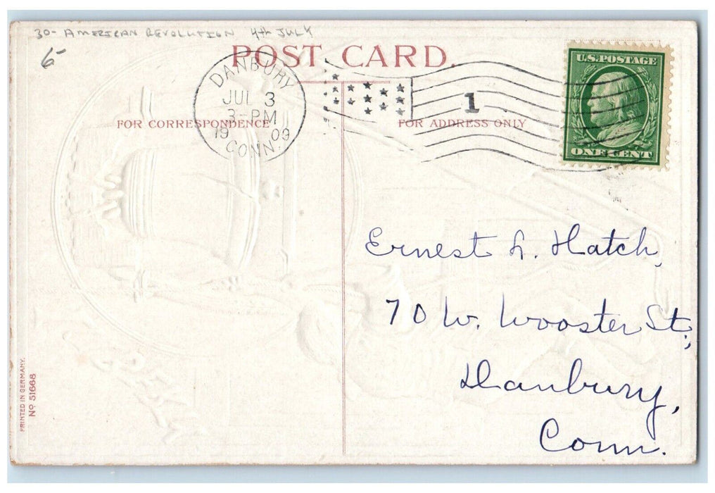 1909 4th Of July American Revolution Man Ringing Bell Liberty Patriotic Postcard