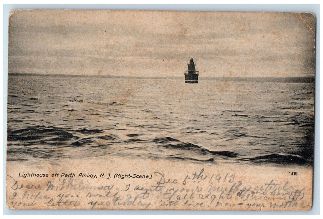 1913 (Night Scene) Lighthouse off Perth Amboy New Jersey NJ Postcard