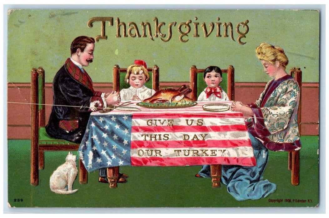 1908 Thanksgiving Family Praying Patriotic Embossed Bennington VT Postcard