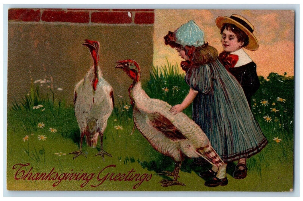 1908 Thanksgiving Greetings Children Turkey Embossed Posted Antique Postcard