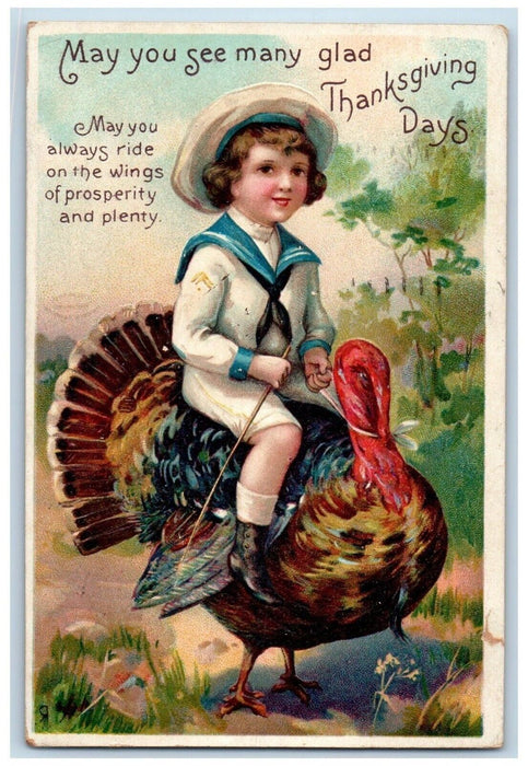 Thanksgiving Day Boy Riding Turkey Clapsaddle Embossed Wallington CT Postcard