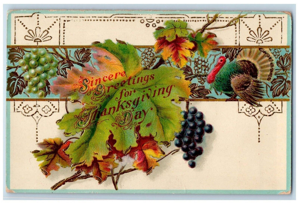 1914 Thanksgiving Greetings Turkey Grapes Gel Gold Gilt Embossed Posted Postcard
