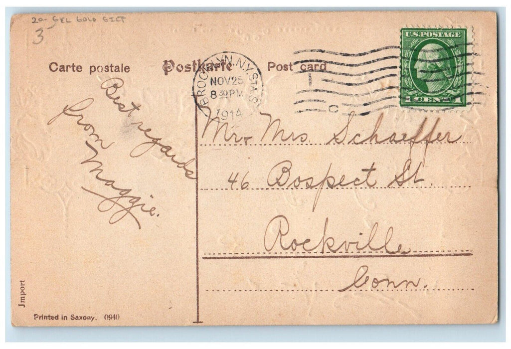 1914 Thanksgiving Greetings Turkey Grapes Gel Gold Gilt Embossed Posted Postcard