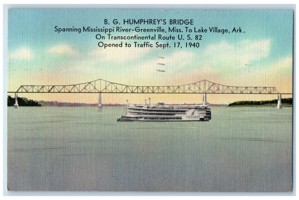 1943 B.G. Humphrey's Bridge President Steamer Greenville Mississippi MS Postcard