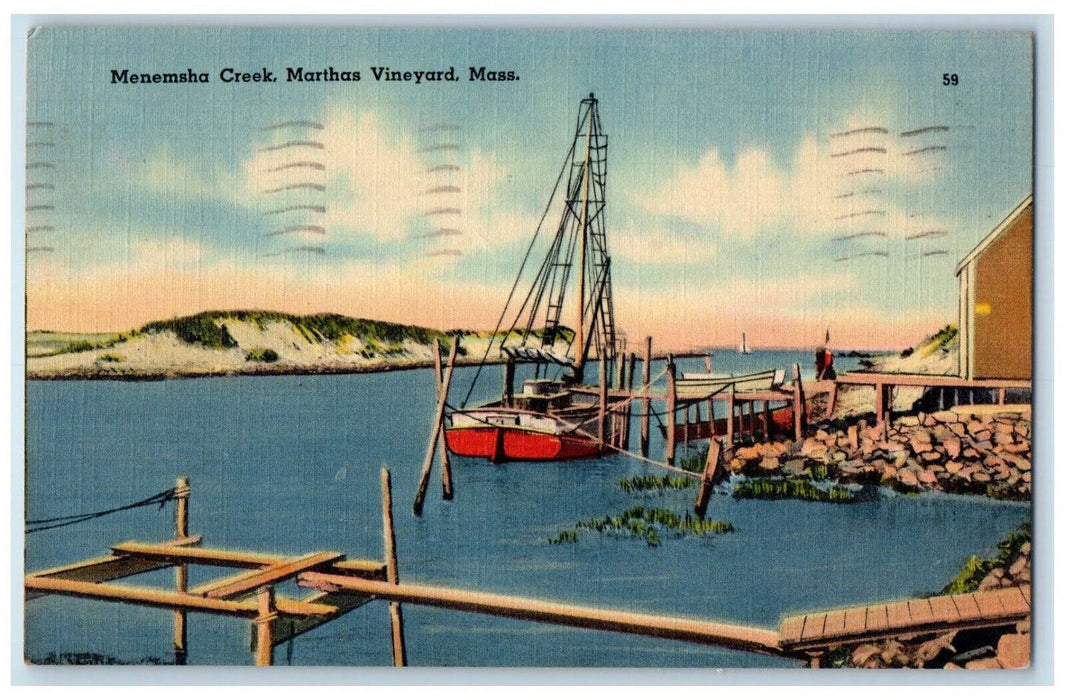 1943 Schooner Boat Menemsha Creek Marthas Vineyard Massachusetts MA Postcard