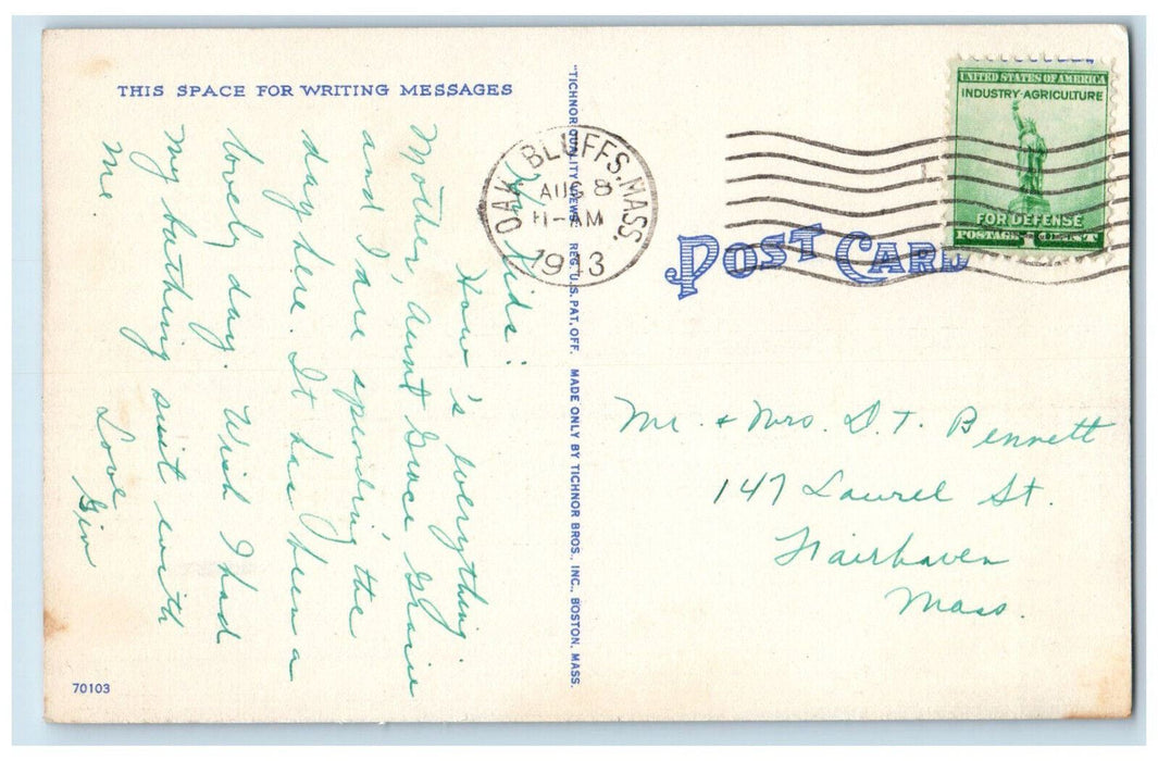 1943 Schooner Boat Menemsha Creek Marthas Vineyard Massachusetts MA Postcard