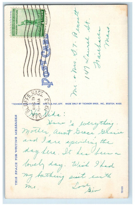 1943 Schooner Boat Menemsha Creek Marthas Vineyard Massachusetts MA Postcard