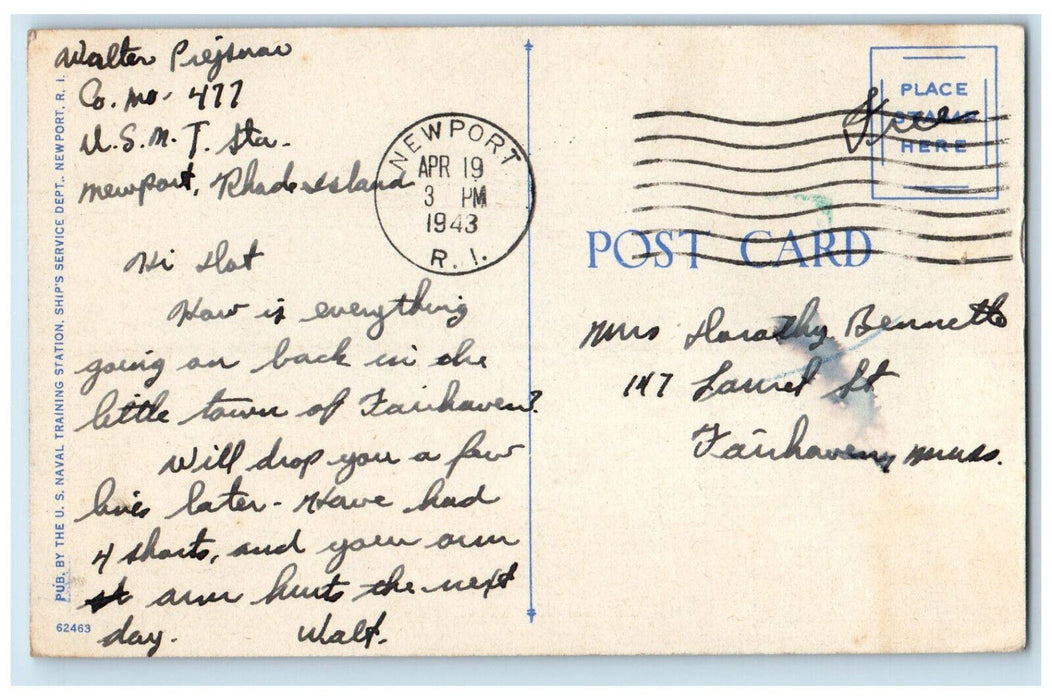 1943 U.S. Naval Training Station Barracks Newport RI Soldier Mail Postcard