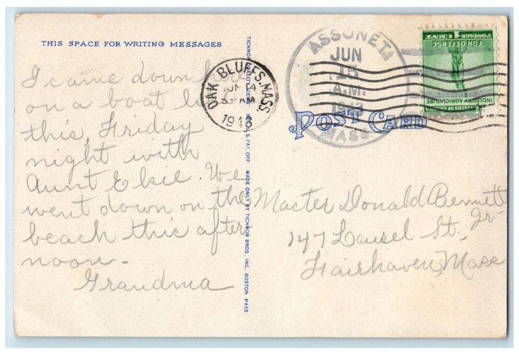 1943 New Bedford Marthas Vineyard Nantucket Steamboat Line Naushon MA Postcard