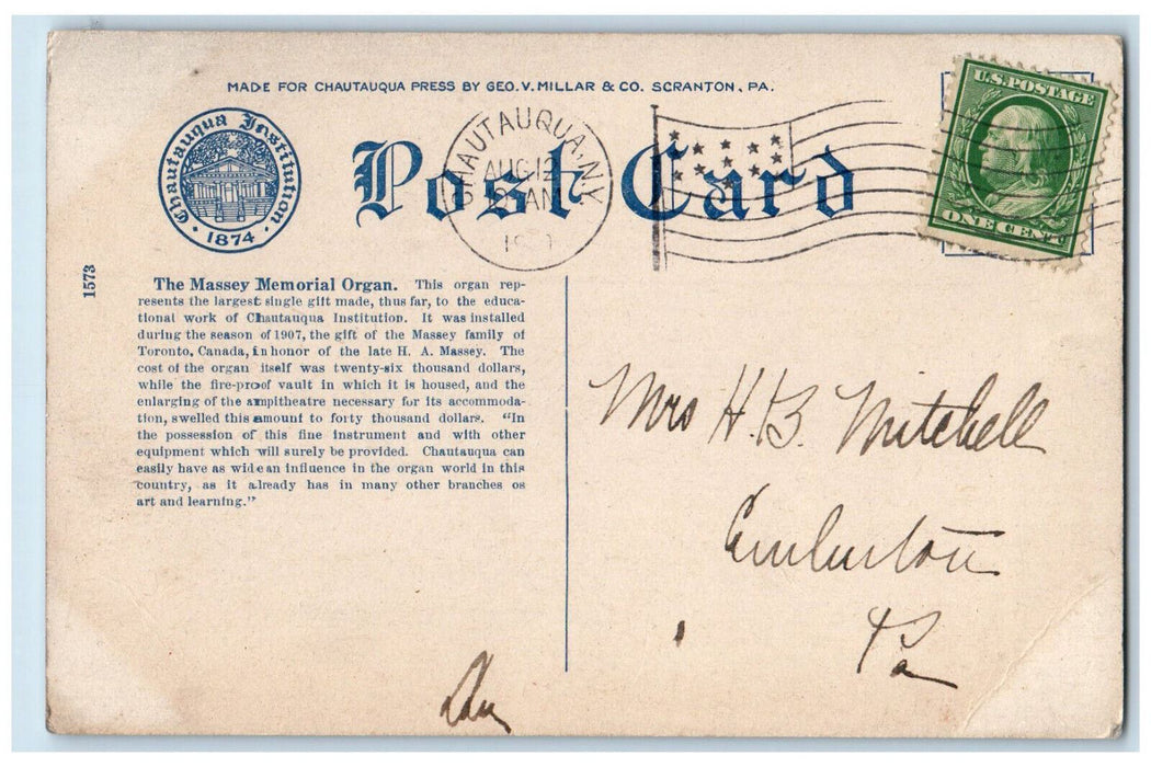 c1910 Massey Memorial Organ Chautauqua Institution Chautauqua NY Postcard
