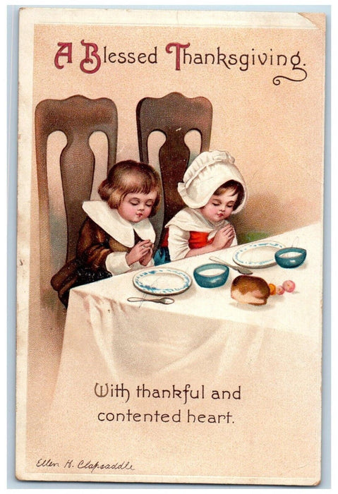 1915 Thanksgiving Children Praying Before Meal Ellen Clapsaddle Antique Postcard