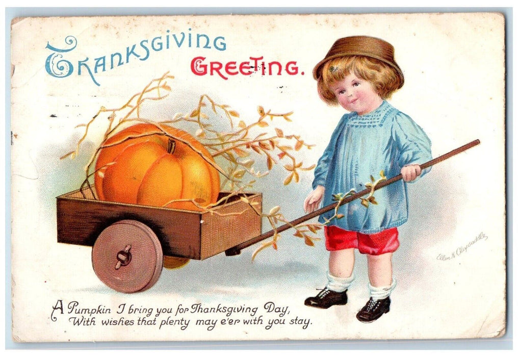 1915 Thanksgiving Greeting Boy Wagon Pumpkin Ellen Clapsaddle Embossed Postcard