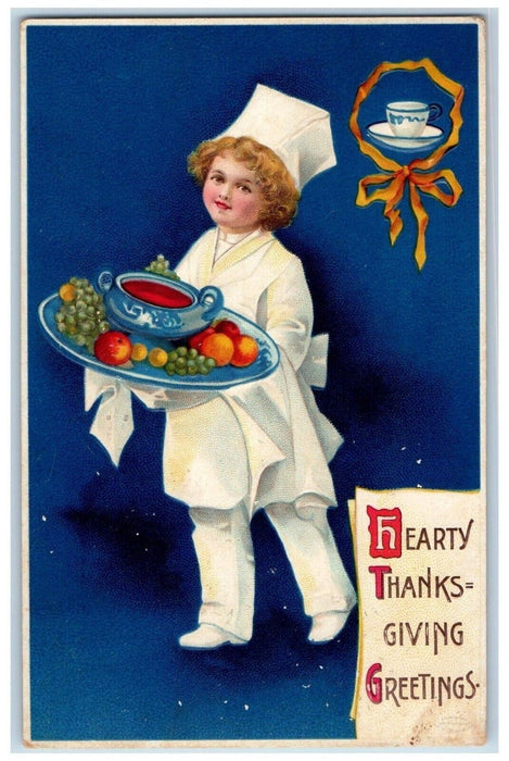 Thanksgiving Greeting Chief Boy Serving Fruits Clapsaddle Embossed Postcard