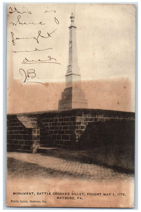 1907 Monument Battle Crooked Billet Hatboro Pennsylvania PA Postcard
