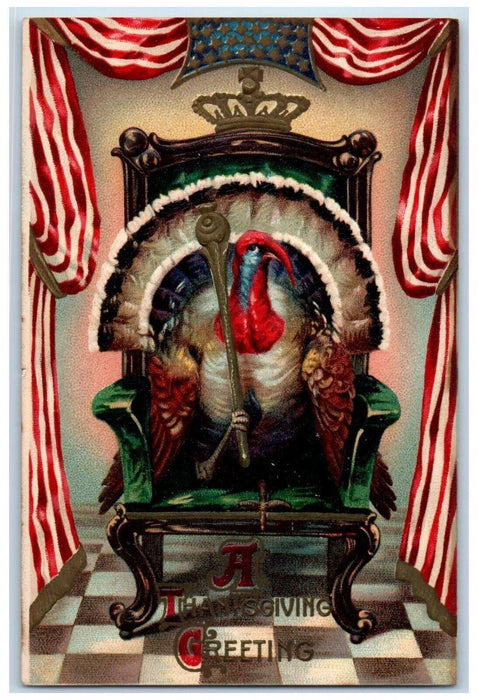 c1910's Thanksgiving Greeting Turkey King Crown Embossed Antique Postcard