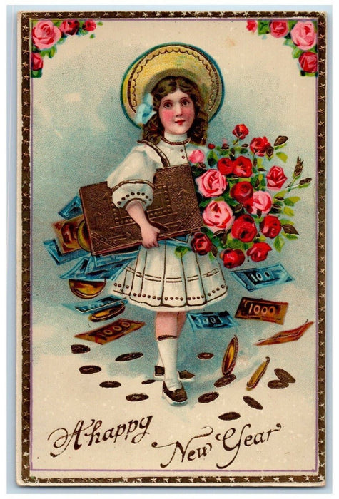 c1910's New Year Girl Flowers Paper Bill Coins Gel Gold Gilt Embossed Postcard
