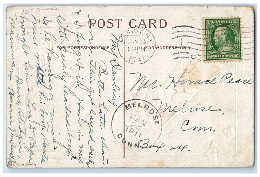 1911 New Year Boy Sledding Mistletoe Winter Embossed Melrose CT Antique Postcard