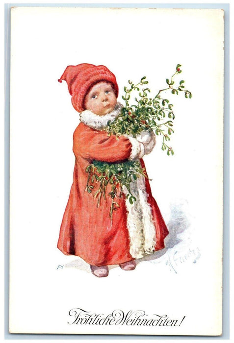 c1910's Merry Christmas Little Girl Mistletoe Berries Winter Austria Postcard