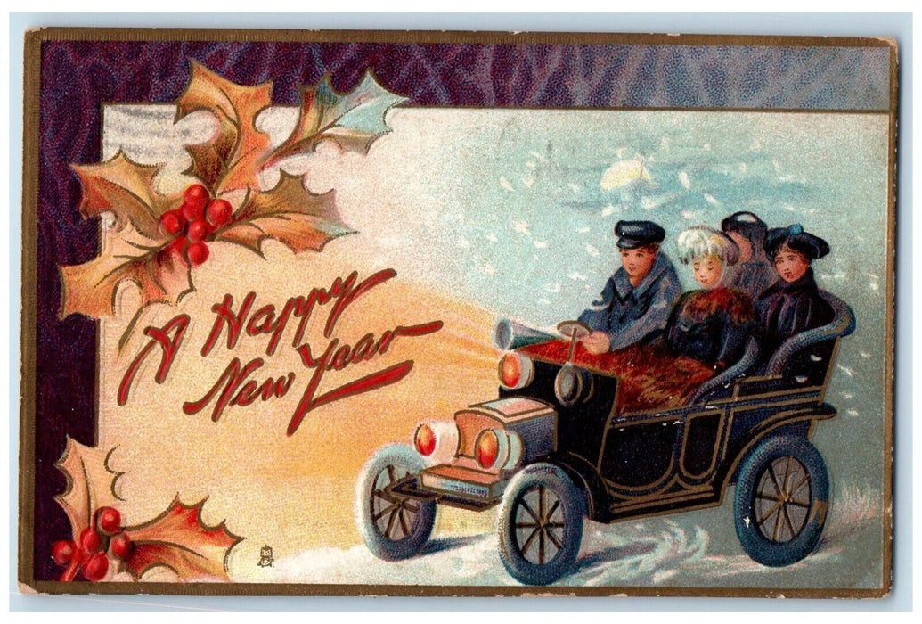 1910 New Year Car Driving Holly Berries Embossed Tuck's Waterbury CT Postcard