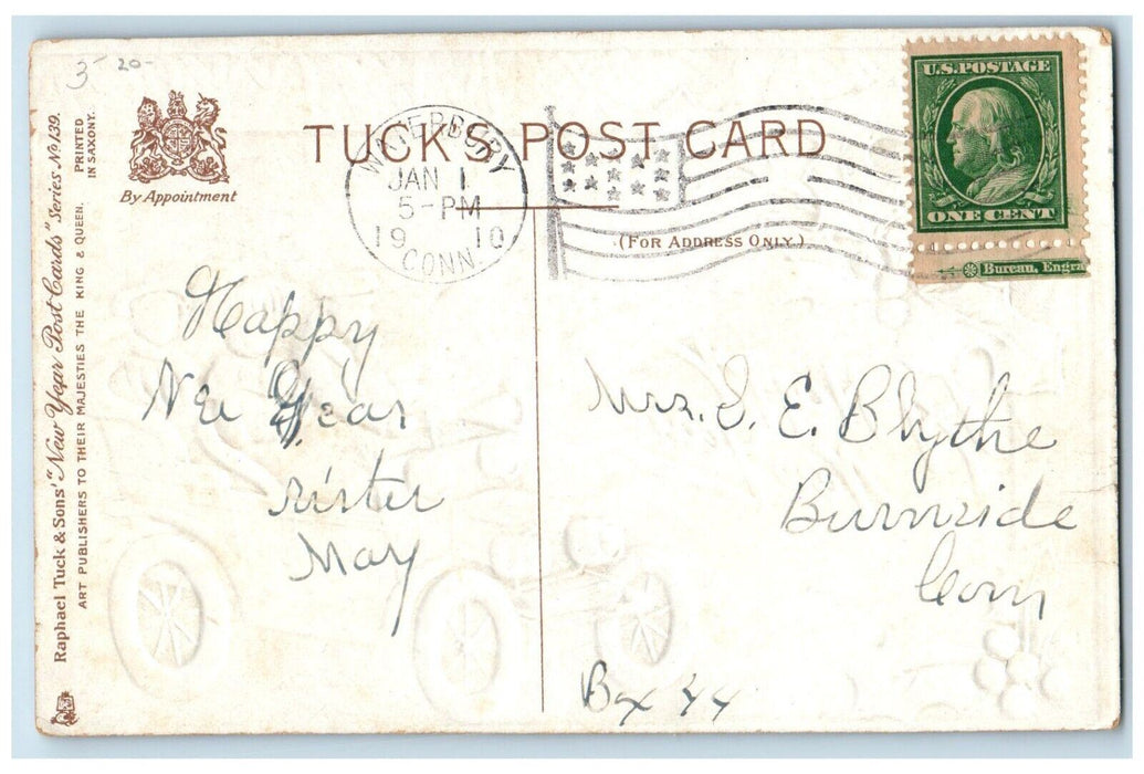 1910 New Year Car Driving Holly Berries Embossed Tuck's Waterbury CT Postcard