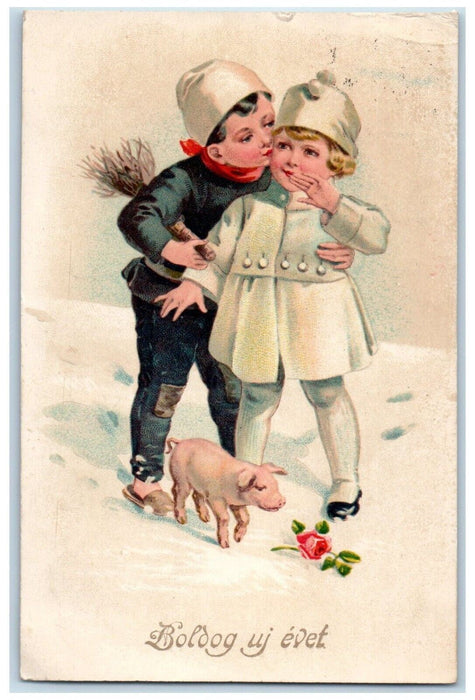 c1910's New Year Children Boy Kissing Cheek Pig Flowers Czechoslovakia Postcard