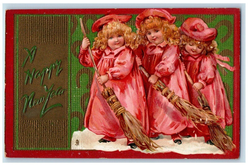 c1910's New Year Cute Little Girls Brundage Embossed Tuck's Antique Postcard