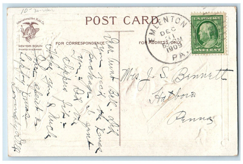 1909 Happy New Year Boy Sledding Mistletoe Clapsaddle Emlenton PA Postcard