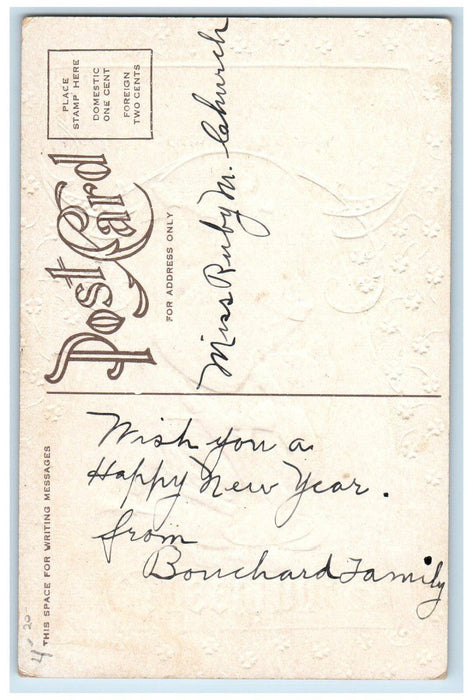 c1910's New Year Greetings Girls Blow Hord Drum Embossed Posted Antique Postcard
