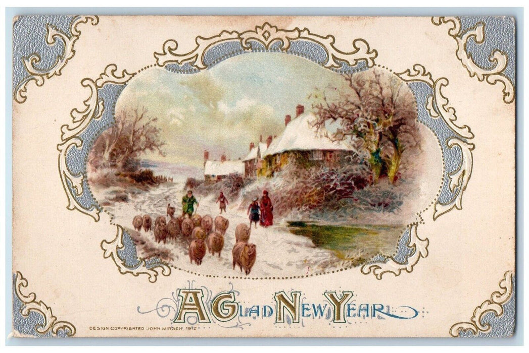 c1910's New Year Sheep Winter John Winsch Artist Signed Posted Antique Postcard