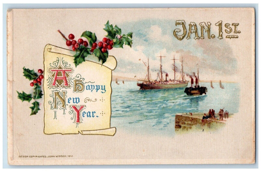 c1910's New Year Steamer Ship Berries John Winsch Artist SignedAntique Postcard