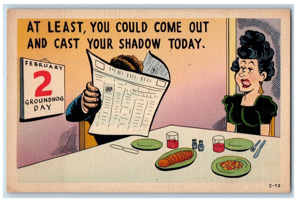 c1910's Groundhog Day Calendar Dinner Couple Date Boy Reading Newspaper Postcard