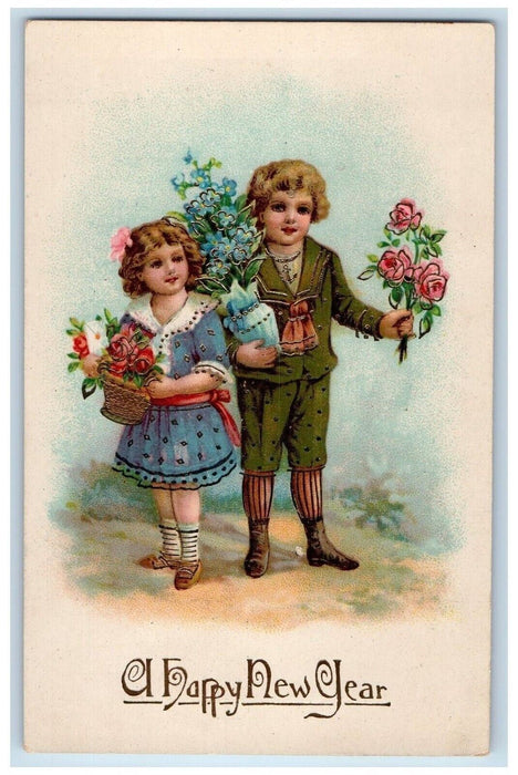 New Year Children With Pansies Roses Flowers In Pot Gel Gold Gilt Postcard