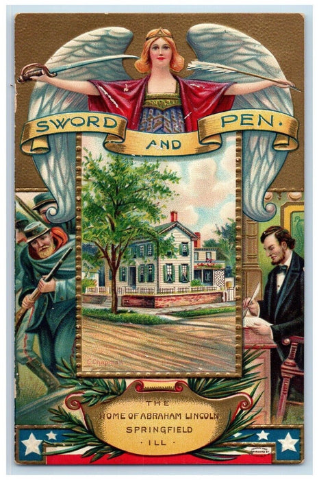 Angel Sword And Pen Home Of Abraham Lincoln Clapsaddle Springfield IL Postcard