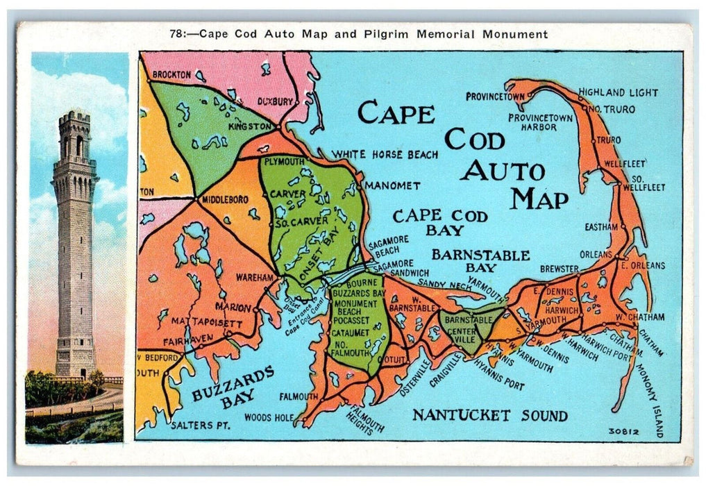 c1930's Cape Cod Auto Map Pilgrim Memorial Monument Massachusetts MA Postcard