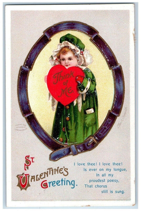 1912 Valentine Greeting Heart Girl Ellen Clapsaddle Embossed Antique Postcard