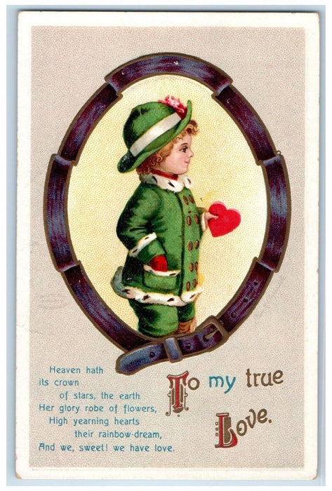 1913 Valentine Heart Boy Ellen Clapsaddle Artist Signed Embossed Posted Postcard