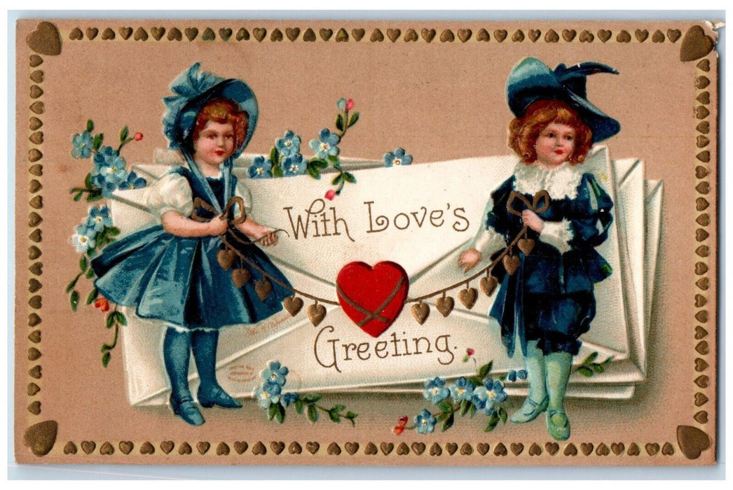 1909 Valentine Greeting Children Hearts Flowers Ellen Clapsaddle Posted Postcard