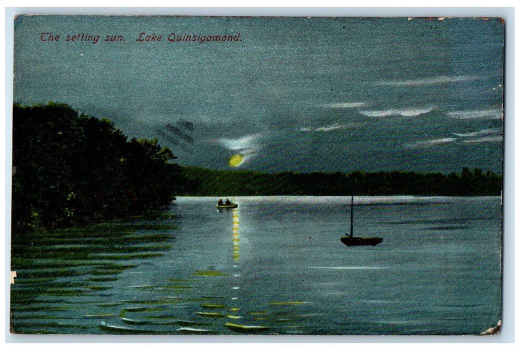 1908 Boat The Setting Sun Lake Quinsigamond Worcester Massachusetts MA Postcard