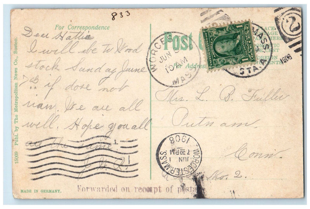 1908 Boat The Setting Sun Lake Quinsigamond Worcester Massachusetts MA Postcard