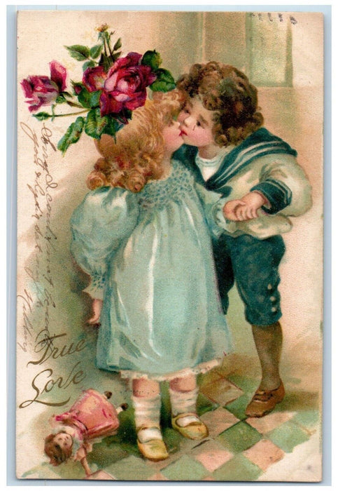 c1905 Valentine Children Kissing Doll Flowers Posted Antique Nash Postcard