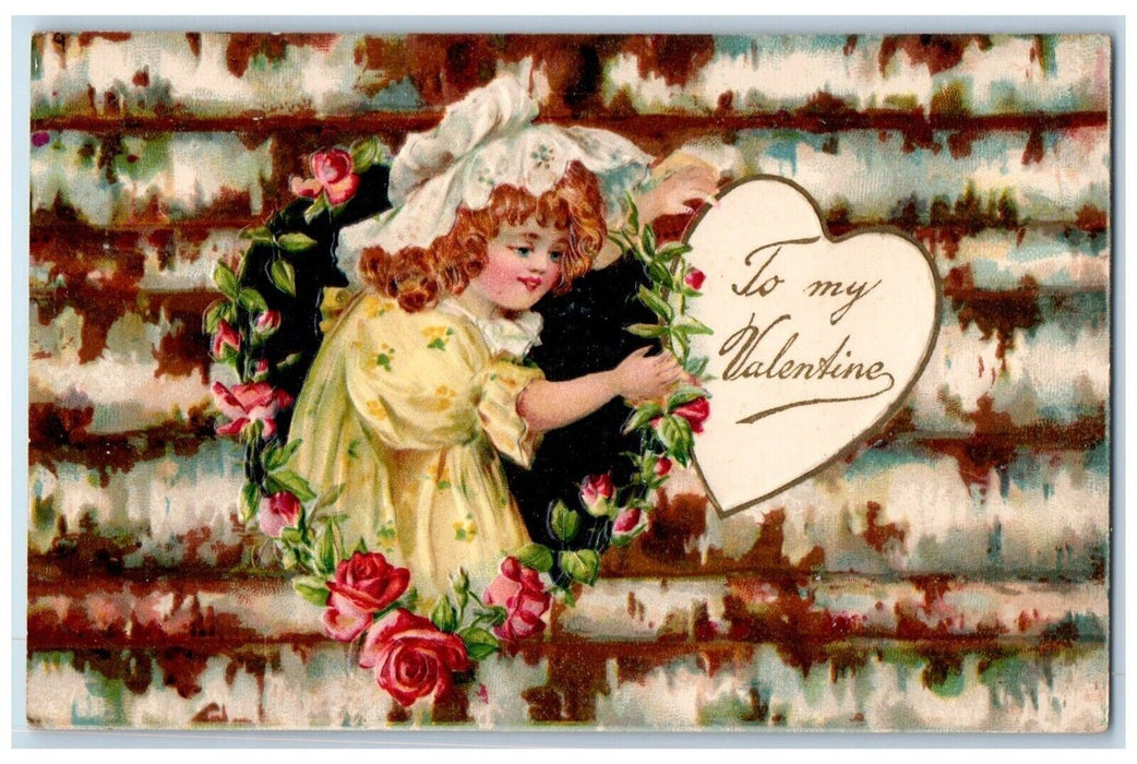 c1905 Valentine Children Little Girl Roses Flowers Embossed Posted Nash Postcard