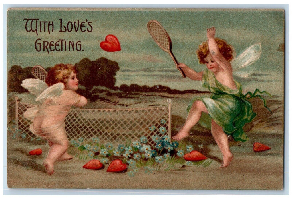 c1910's Valentine Greeting Angels Playing Badminton Hearts Pansies Postcard