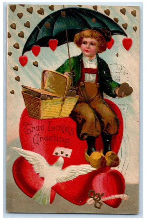 1910 Valentine Dutch Boy On Top Of Big Heart Umbrella Bird Clapsaddle Postcard