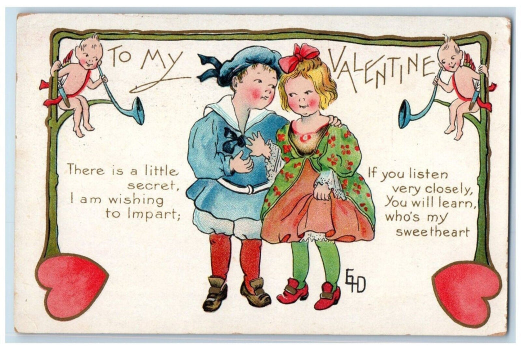 1911 Valentine Cupid Angels Hearts Boy Whispering Secret Posted Antique Postcard