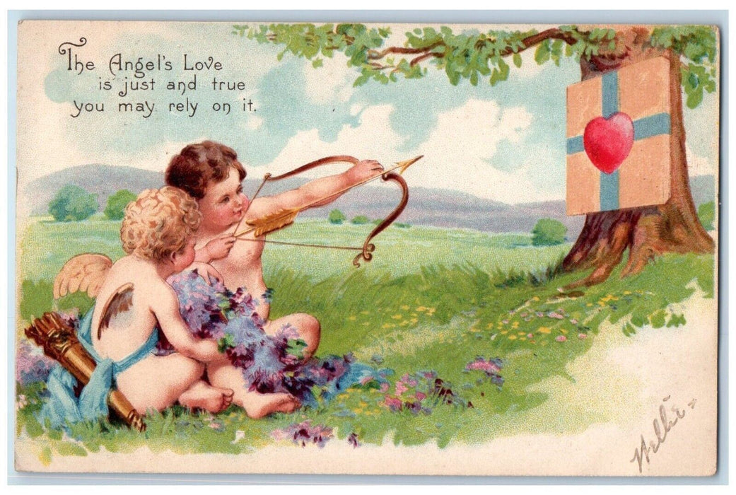 1907 Valentine Cupid Angels Bow And Arrow Targeting Heart Pansies Postcard