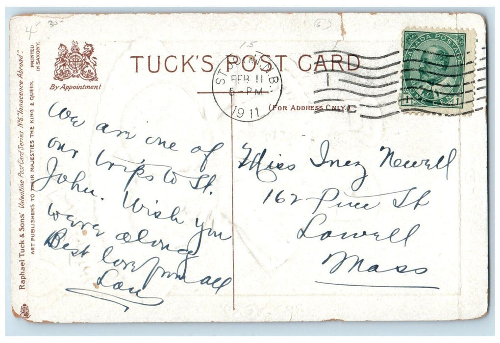 1911 Valentine Hearts Children Kissing Fan Flowers Embossed Tuck's Postcard