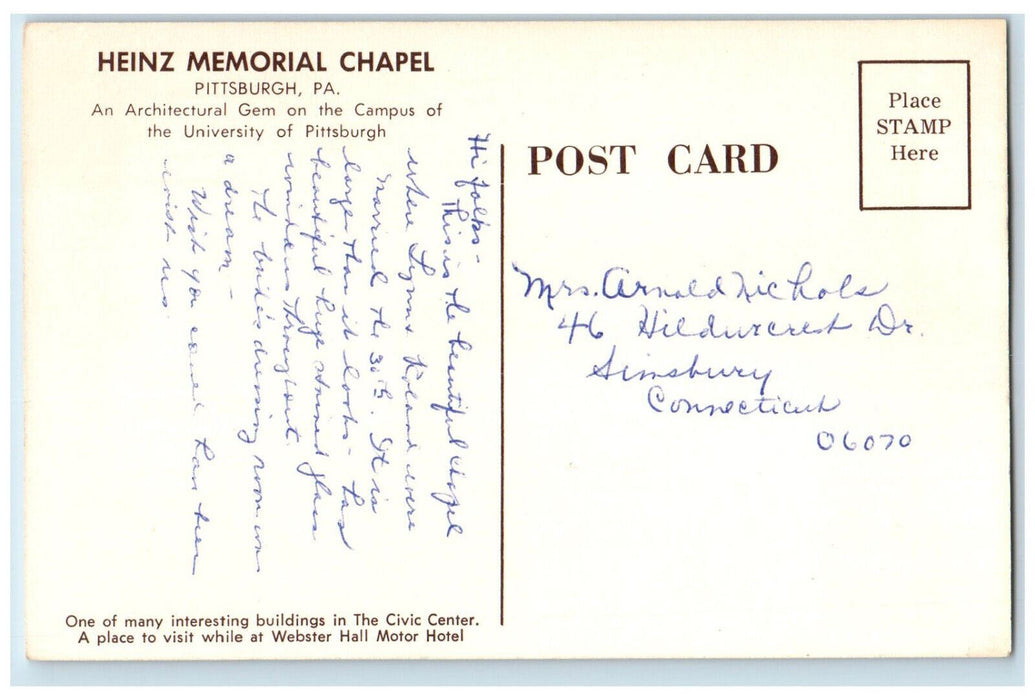c1940's Heinz Memorial Chapel Webster Hall Motor Hotel Pittsburgh PA Postcard
